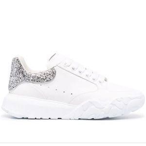 Alexander McQueen Court Crystal Glitter Sneakers in White/Silver Glitter